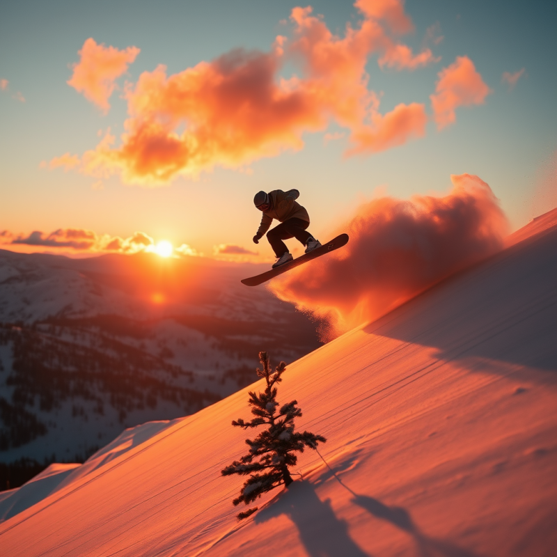 Golden-hour Sunset Silhouette of a Lone Snowboarder Mid...