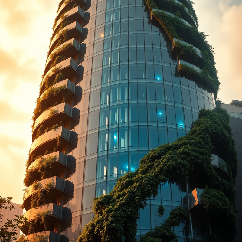 Golden Hour View of a Spiraling Glass-and-steel Tower W...