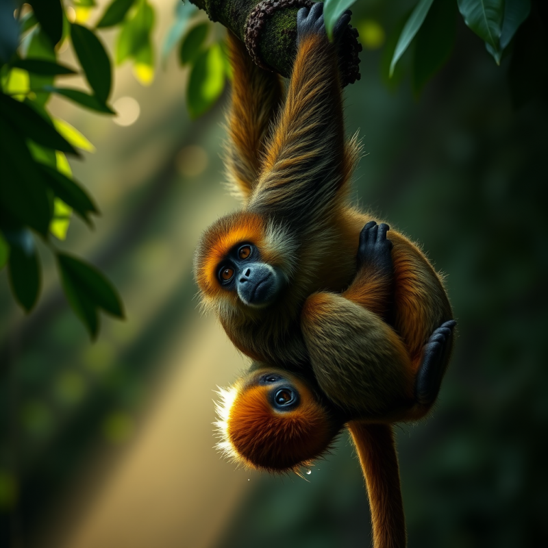 Golden Howler Monkey with Emerald-green Fur Clings Upsi...