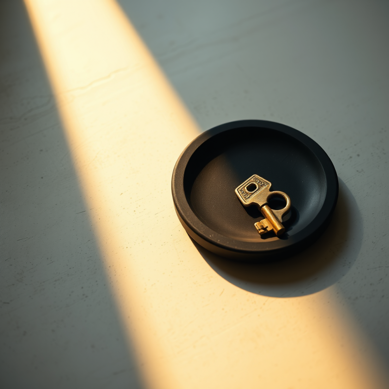 Golden Key Rests in a Black Dish, Bathed in a