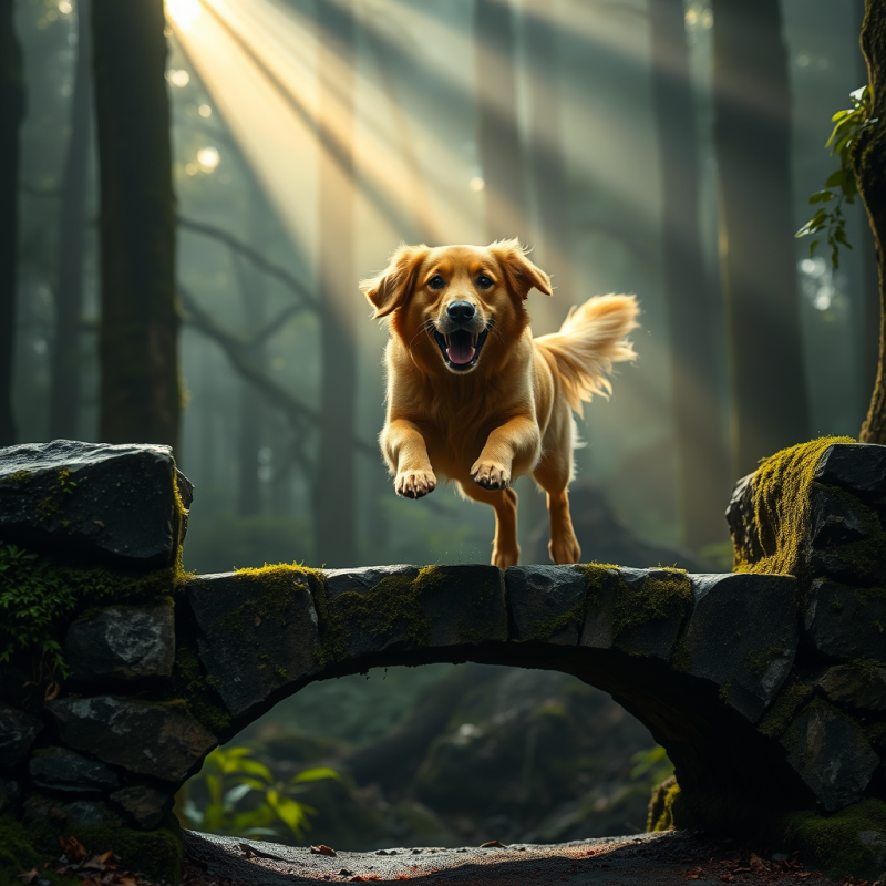 Golden Retriever Mid-leap Over a Mossy Stone Bridge in ...