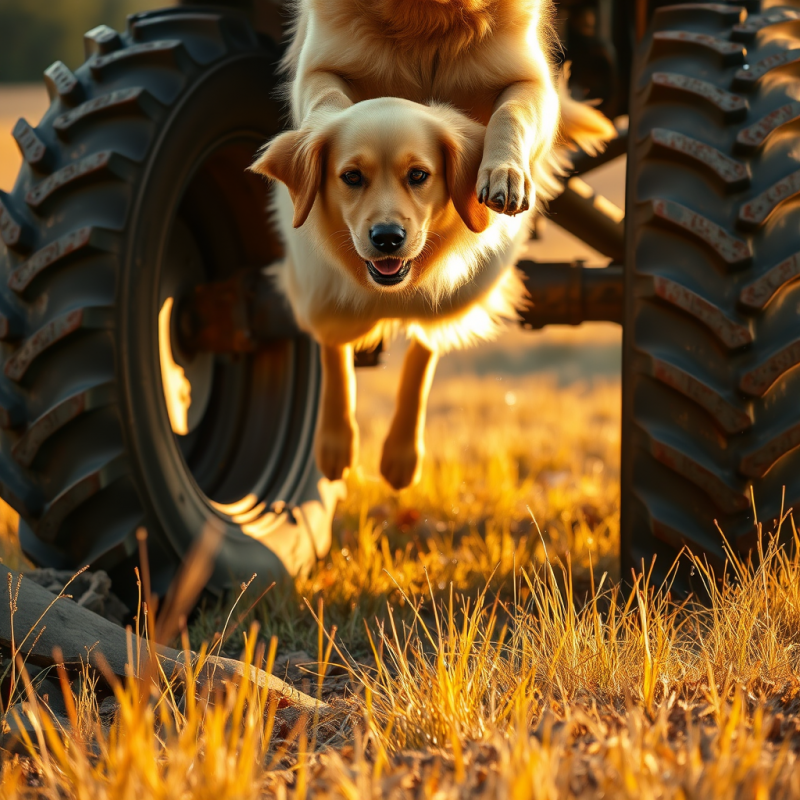 Golden Retriever Mid-leap Over a Rusted Tractor Tire In...