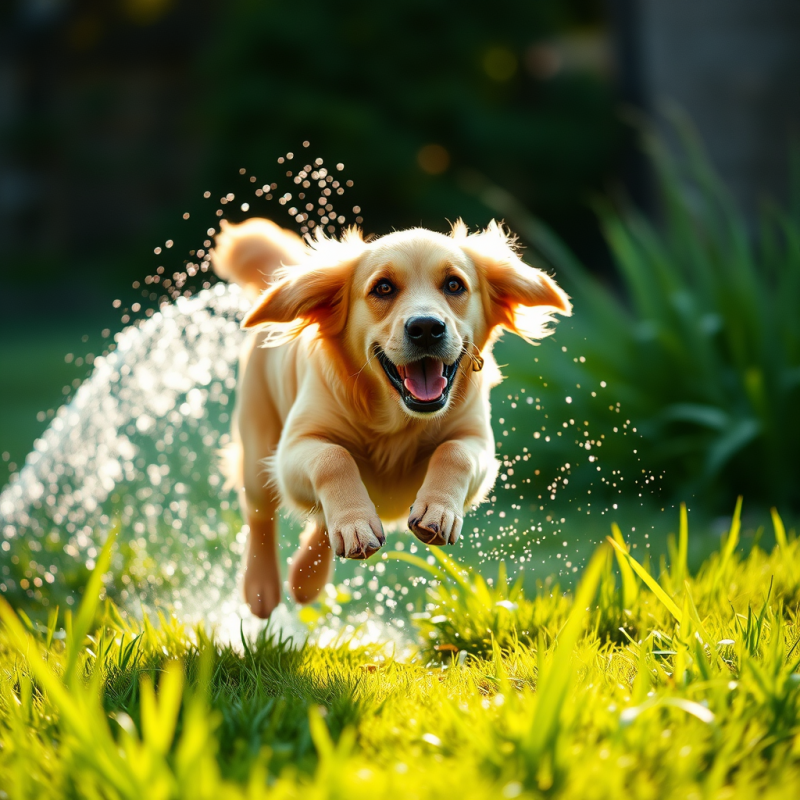 Golden Retriever Mid-leap Over a Sun-dappled Garden Hose