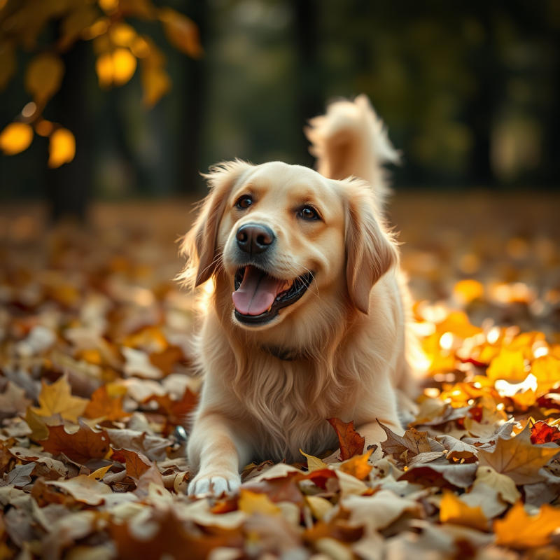 Golden Retriever Playing in Autumn Leaves