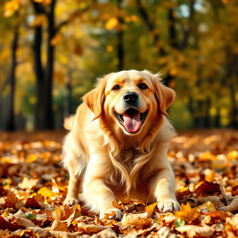 Golden Retriever Playing in Autumn Leaves