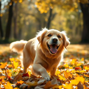 Golden Retriever Playing In Autumn Leaves