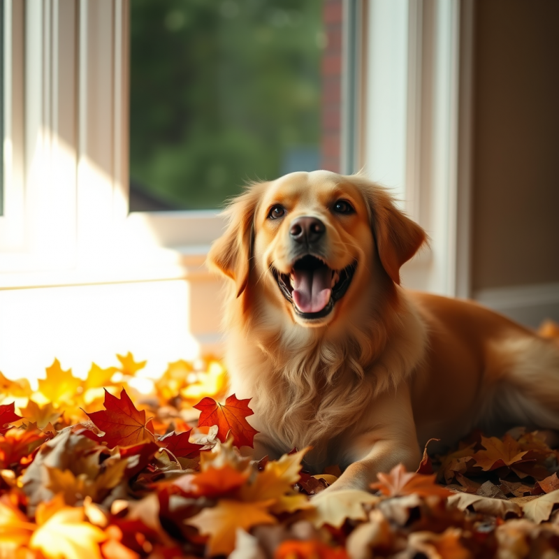 Golden Retriever Playing in Autumn Leaves