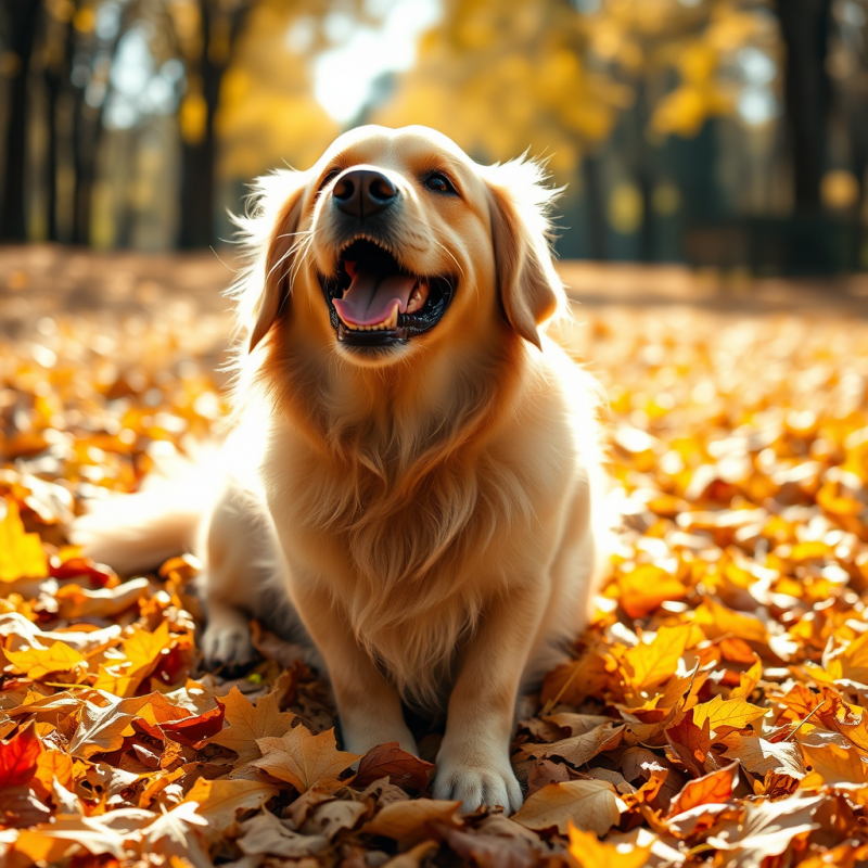 Golden Retriever Playing in Autumn Leaves