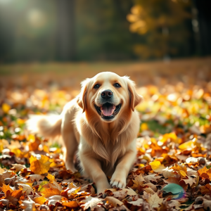 Golden Retriever Playing In Autumn Leaves
