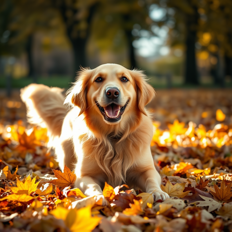 Golden Retriever Playing in Autumn Leaves