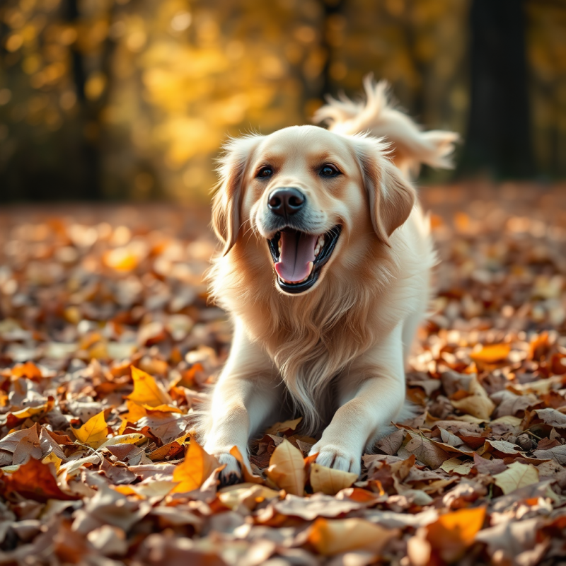 Golden Retriever Playing in Autumn Leaves