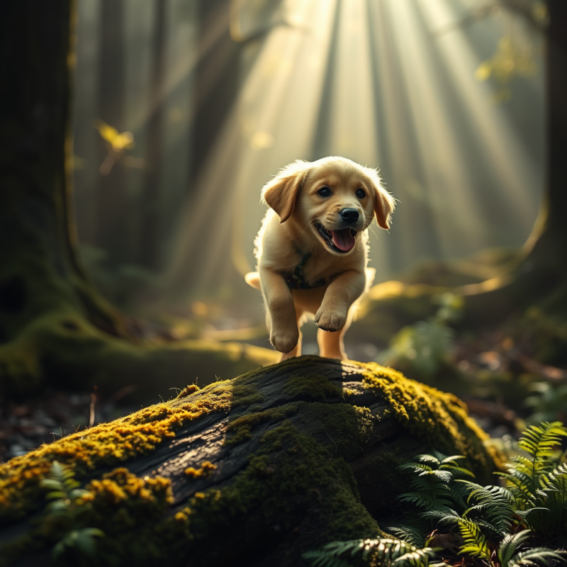 Golden Retriever Puppy Mid-leap Over a Sun-dappled Moss...