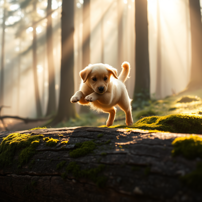 Golden Retriever Puppy Mid-leap Over a Sun-dappled Moss...
