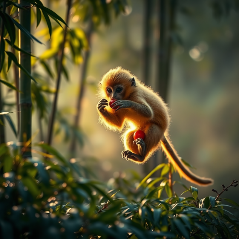 Golden Snub-nosed Monkey Clutches a Crimson Berry Mid-air