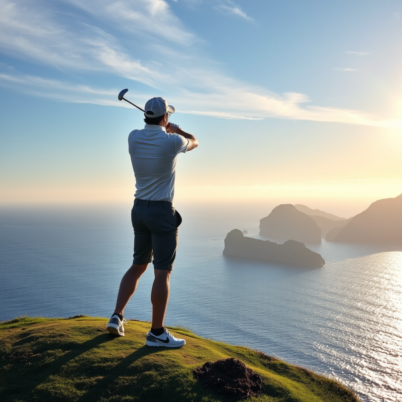 Golfer Swinging on Cliffside at Sunset