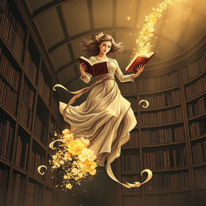 Graceful Woman in Flowing Robes Floats in a Grand