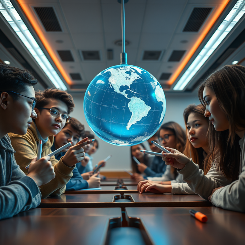 Group of Students Intently Study a Glowing Blue