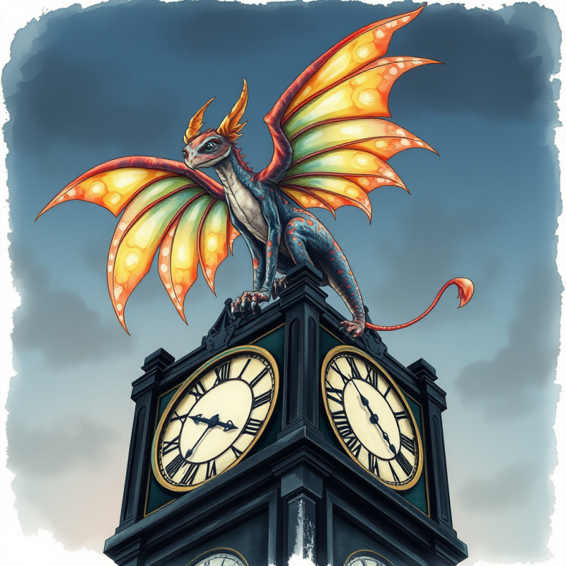 Hand-drawn Fantasy Creature with Iridescent Feathered W...