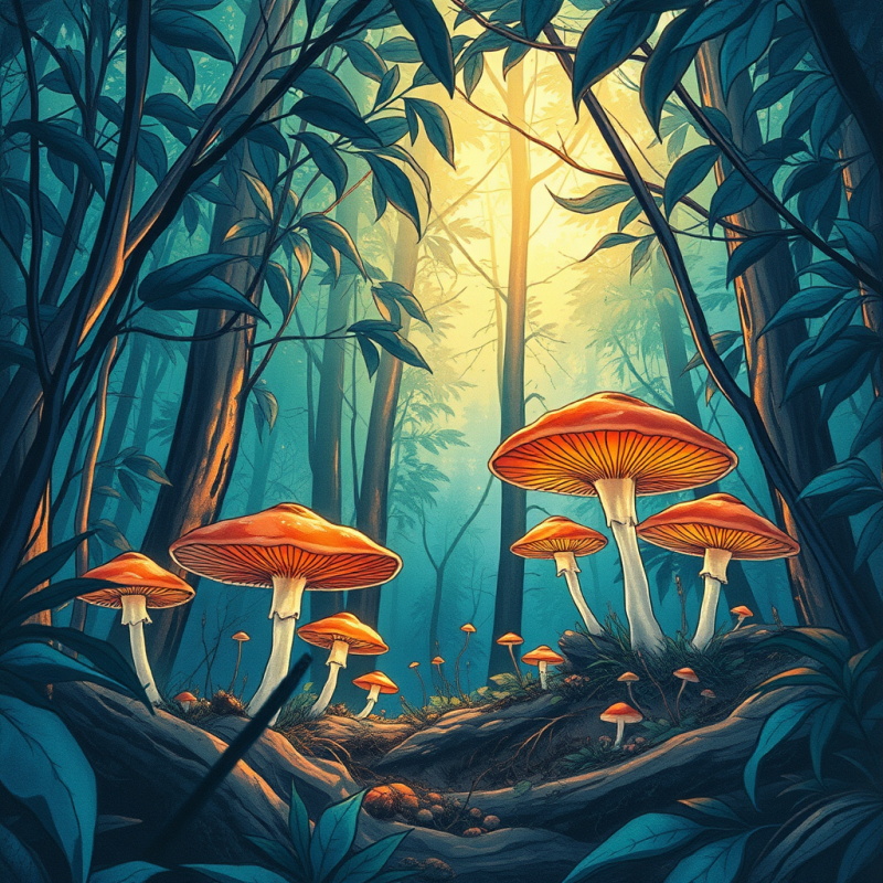 Hand-drawn Fantasy Forest Where Glowing Mushrooms Cast ...