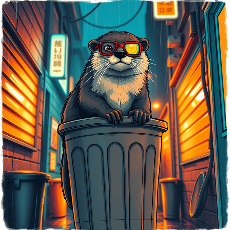 Hand-drawn Illustration of a Melancholic Cyberpunk Otte...