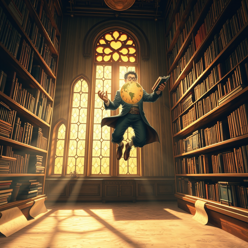 Hand-painted Illustration of a Steampunk Librarian Mid-air