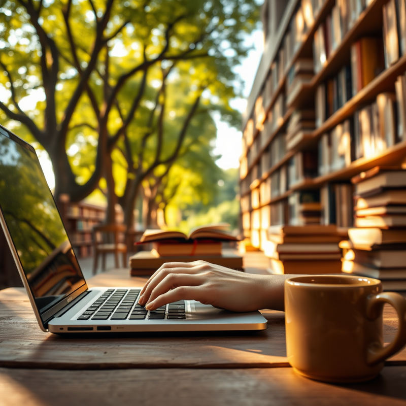 Hand Types on a Laptop Beside a Coffee Mug, Bathed