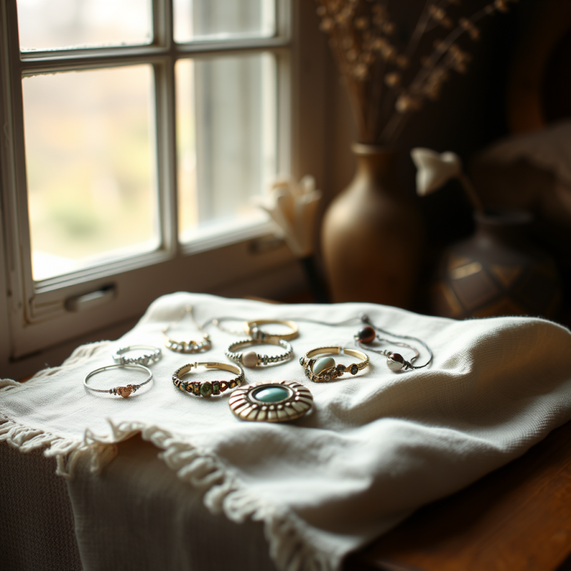 Handmade Artisan Jewelry on Linen Fabric Product Photography