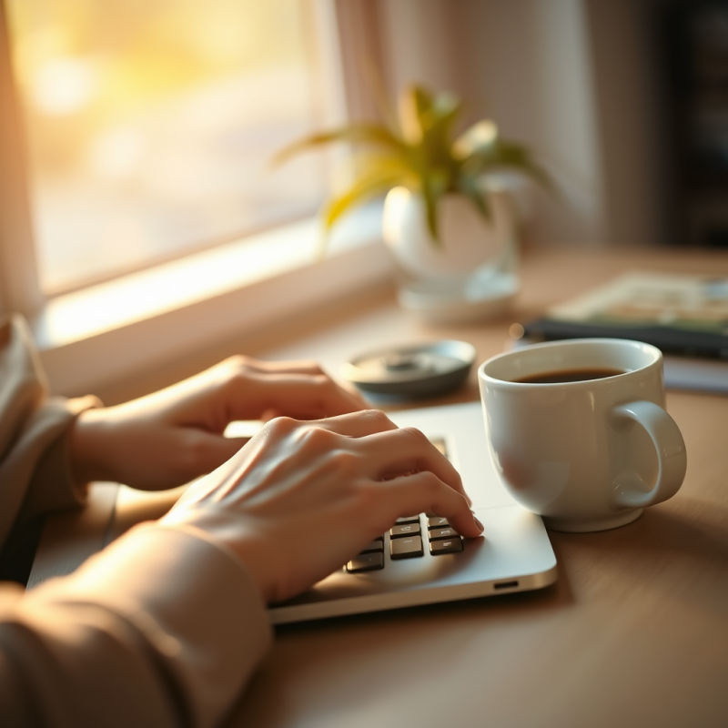 Hands Typing on Laptop Keyboard with Coffee Cup Nearby Wo...
