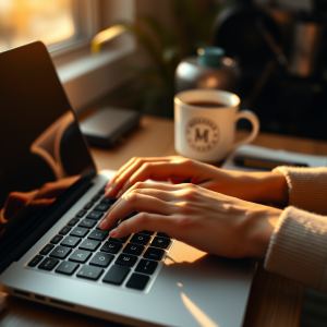 Hands Typing On Laptop Keyboard With Coffee Cup Nearby Wo...