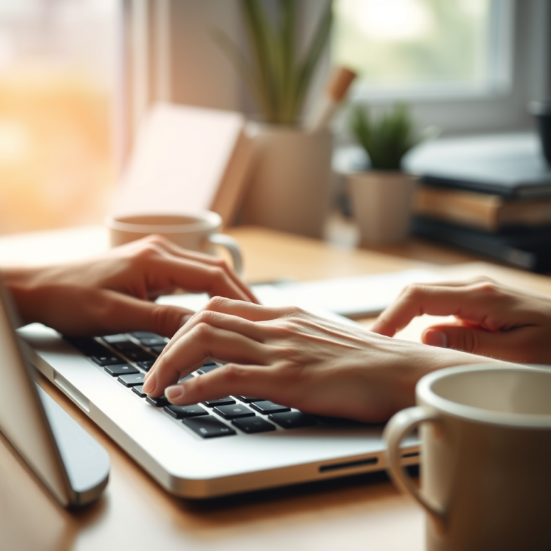 Hands Typing on Laptop Keyboard with Coffee Cup Nearby Wo...