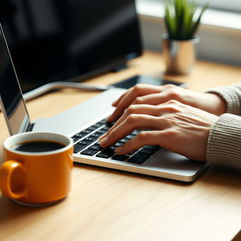 Hands Typing on Laptop Keyboard with Coffee Cup Nearby Wo...