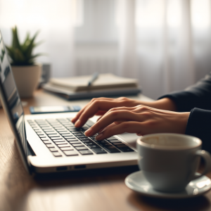 Hands Typing On Laptop Keyboard With Coffee Cup Nearby Wo...
