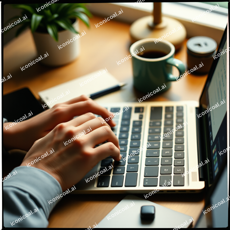 Hands Typing On Laptop Keyboard With Coffee Cup Nearby Wo...