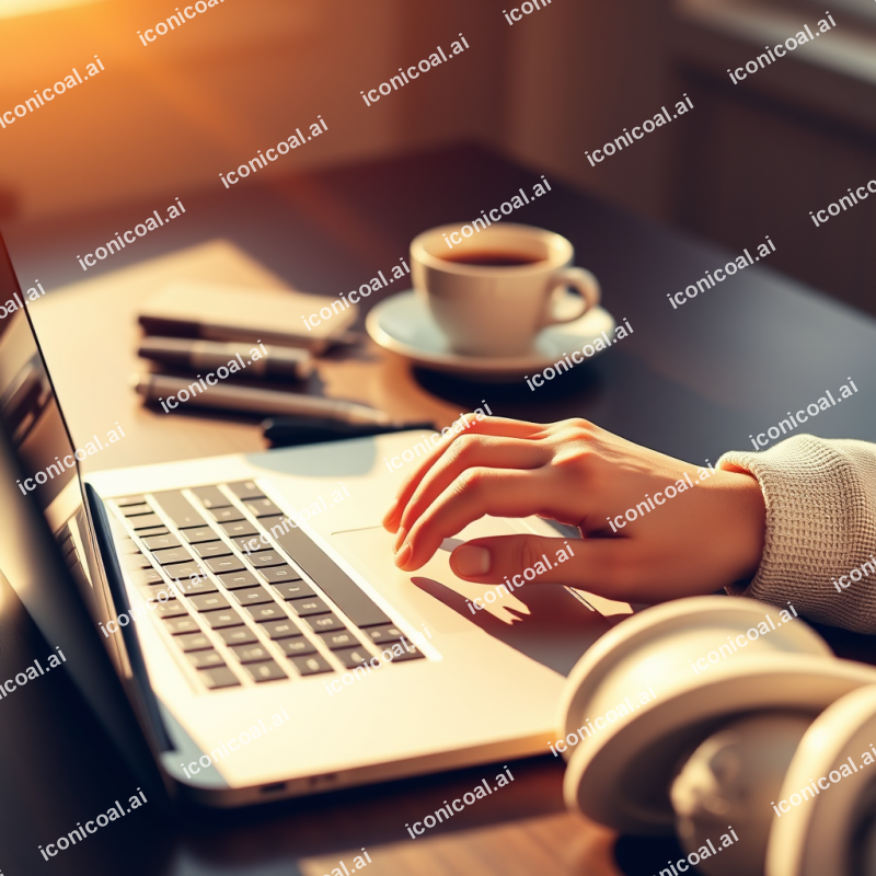 Hands Typing On Laptop Keyboard With Coffee Cup Nearby Wo...