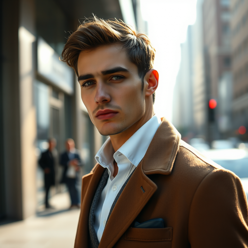 Handsome Man in Brown Coat on City Street