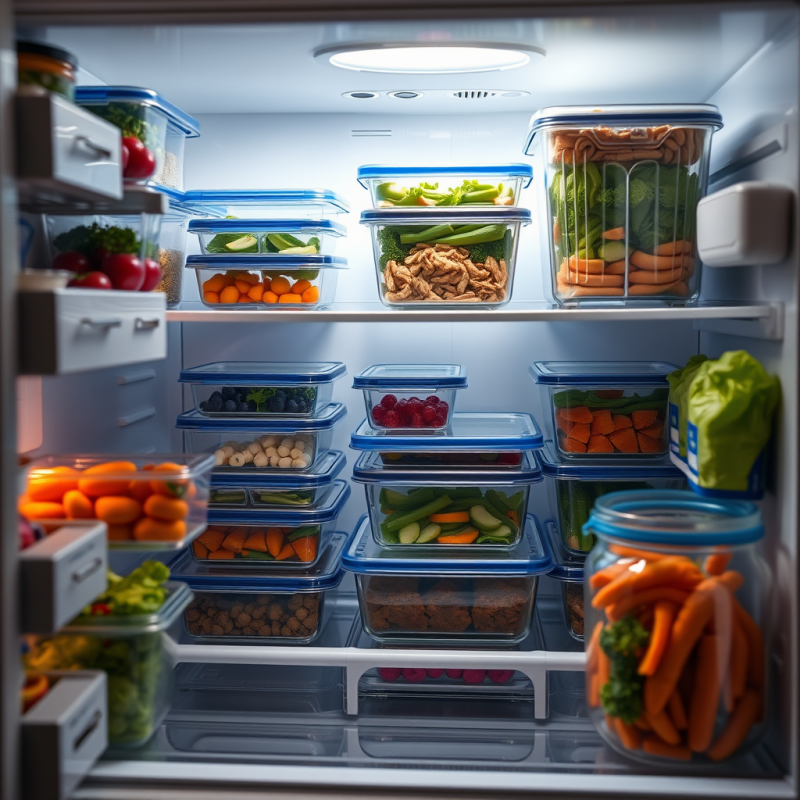 Healthy Meal Prep Containers Organized in Refrigerator We...