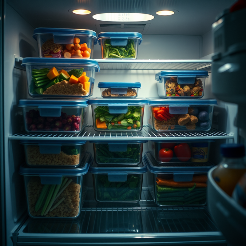 Healthy Meal Prep Containers Organized in Refrigerator We...