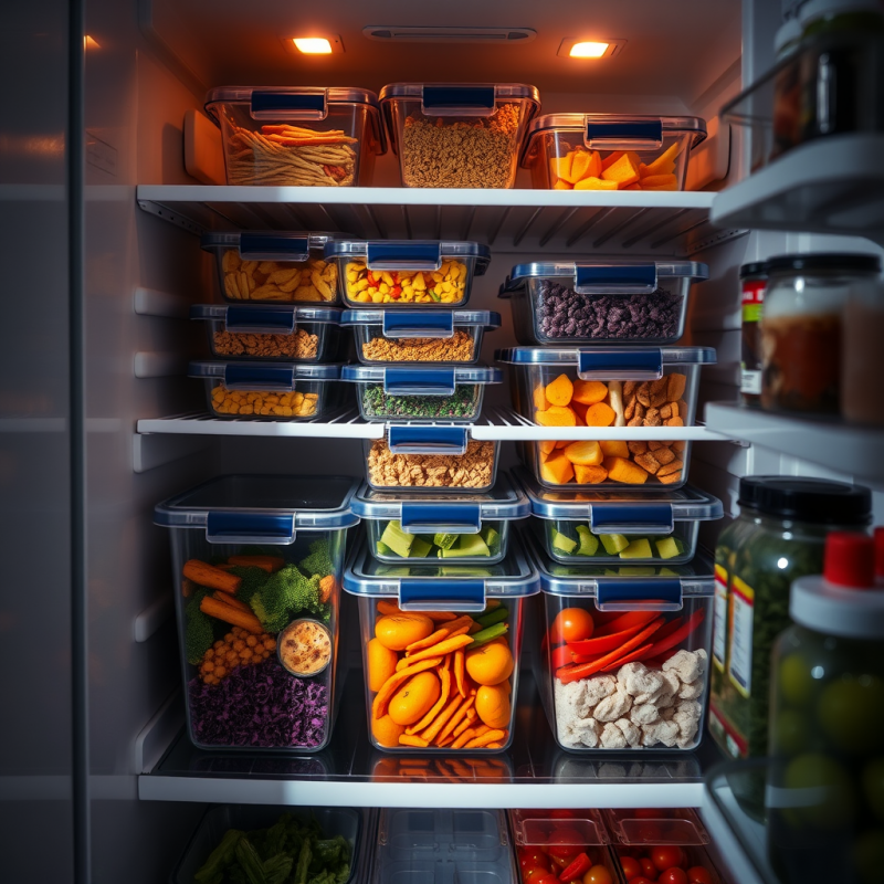 Healthy Meal Prep Containers Organized in Refrigerator We...