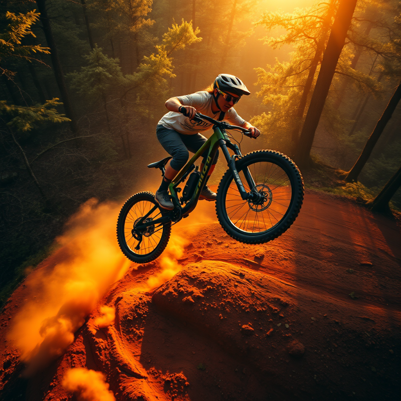 High-angle Shot of a Lone Mountain Biker Suspended Mid-...
