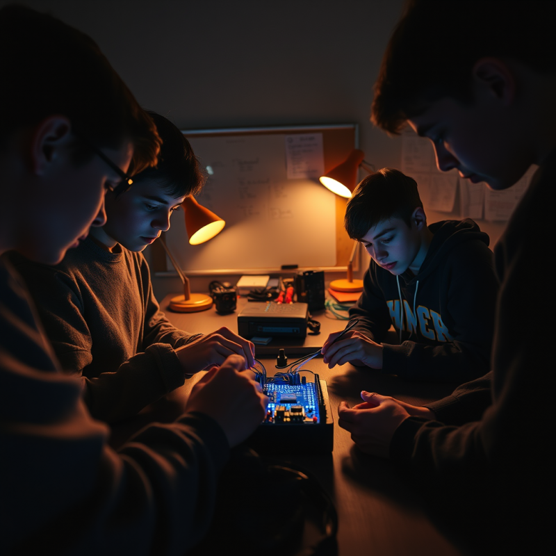 High School Robotics Team Huddled Around a Glowing Blue...