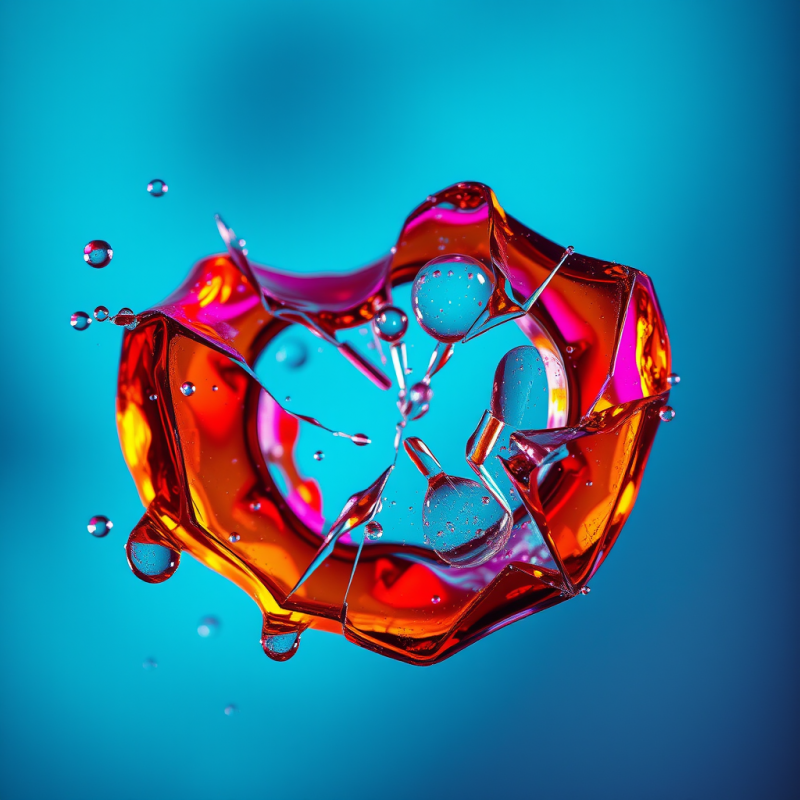 High-speed Macro Shot of Fractured Amber Glass Suspende...