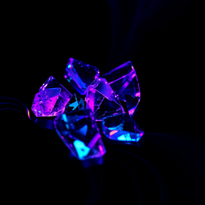High-speed Macro Shot of Fractured Neon-lit Glass Shard...
