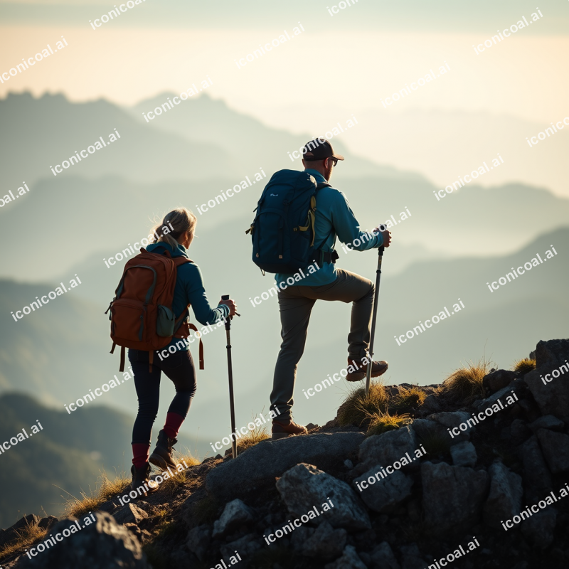 Hiking Couple Reaching Mountain Summit Achievement