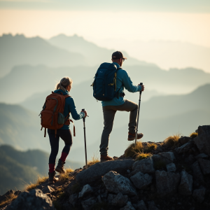 Hiking Couple Reaching Mountain Summit Achievement
