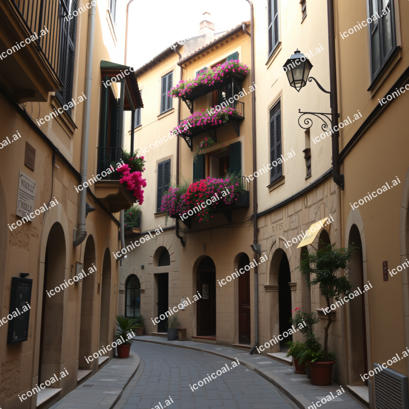 Historic European Alleyway With Cobblestones And Flowerin...