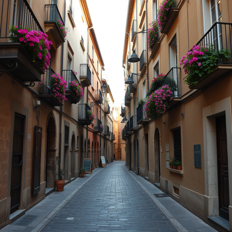 Historic European Alleyway with Cobblestones and Flowerin...