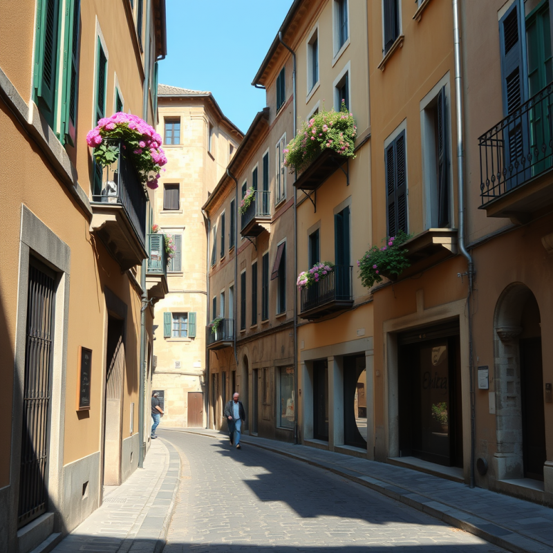 Historic European Alleyway with Cobblestones and Flowerin...
