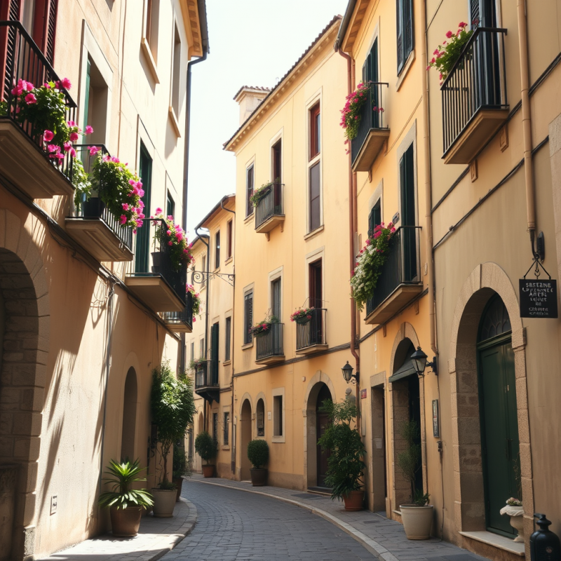 Historic European Alleyway with Cobblestones and Flowerin...