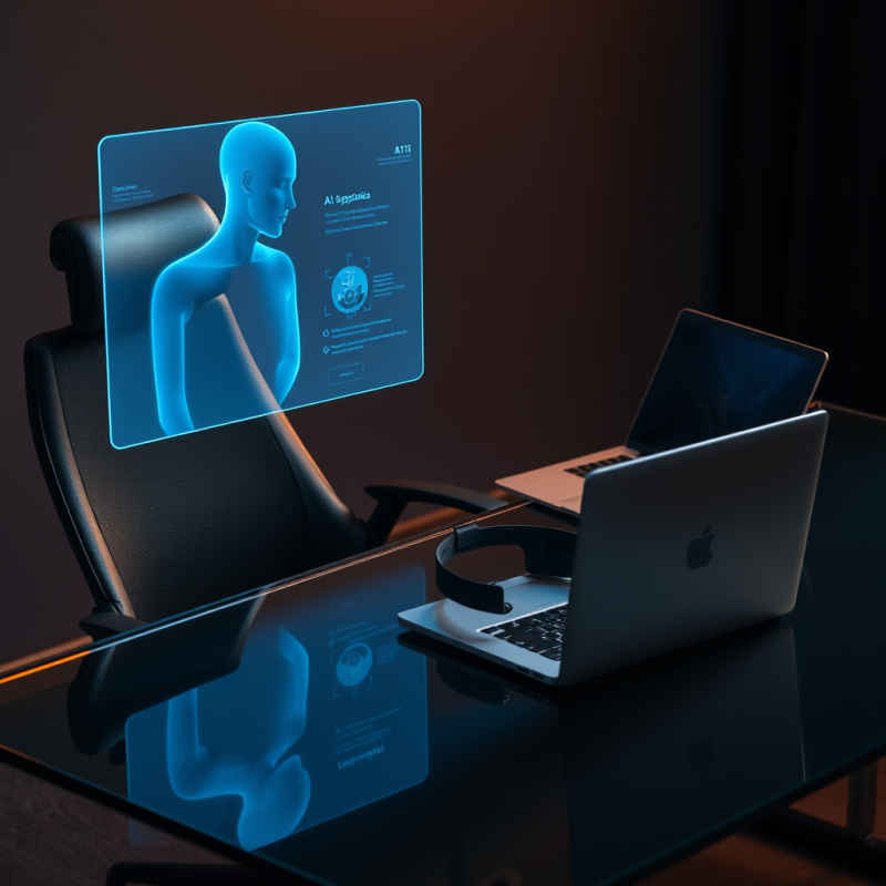 Holographic Ai Assistant悬浮 Above a Sleek Glass Desk