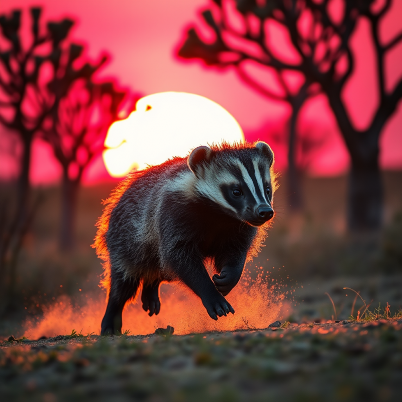Honey Badger in Mid-stride Through a Golden-hour Savanna